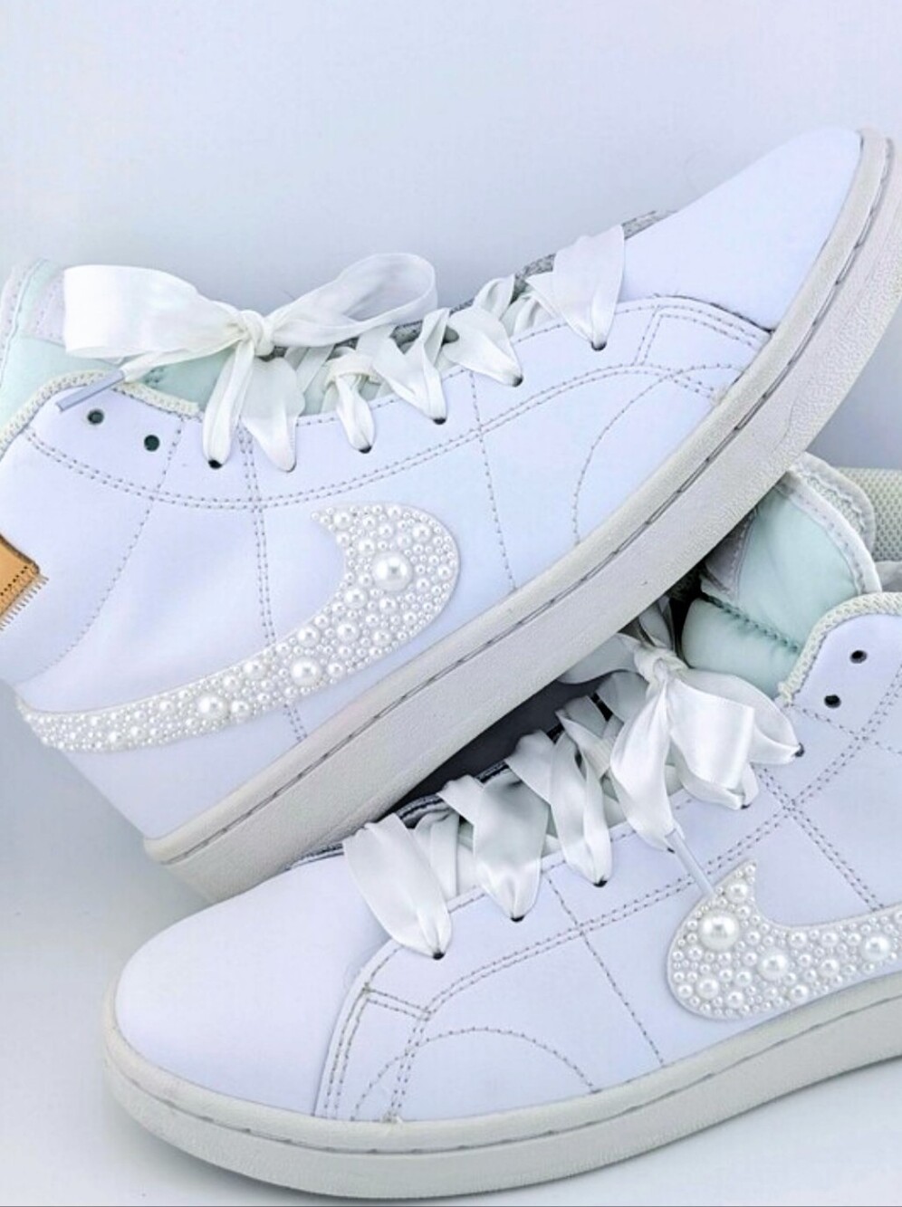 Custom Pearl Nike Court Royal 2 Mid Sneakers Bridal Wedding White 8.5